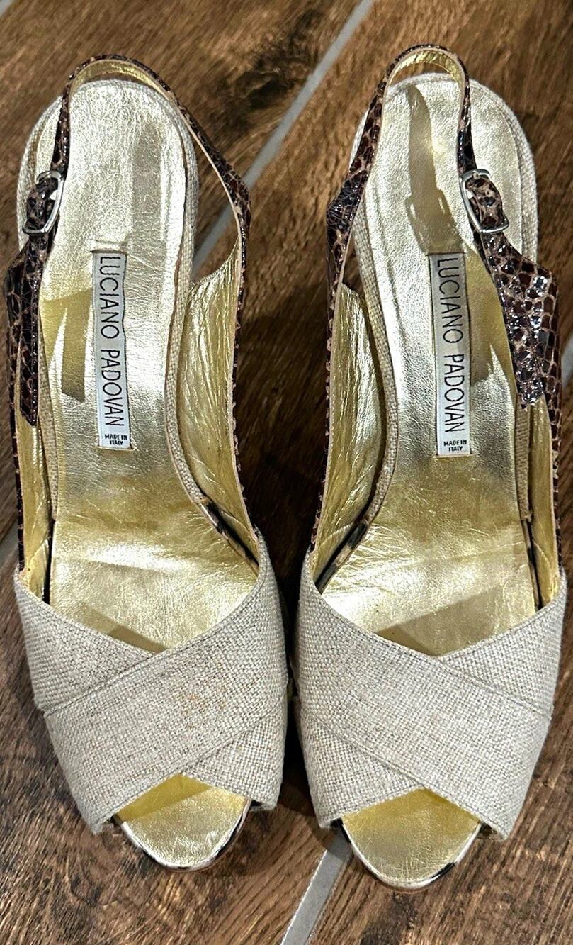 Luciano Padovan Beige Brown Animal Print Slingback Open Toe Heels EU 39